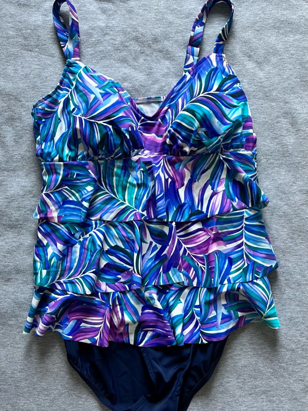 Land’s End Tropical Tiered Ruffle One-Piece Swimsuit in Blue & Purple